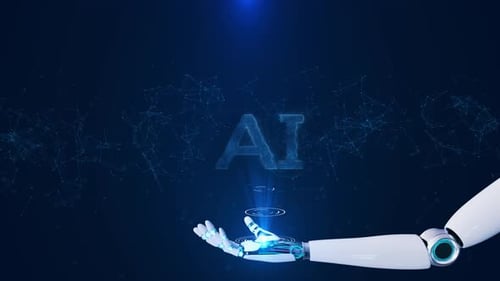 Futuristic Robot Arm Activating AI Hologram Technology