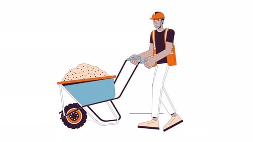 Animación de dibujos animados de un obrero de la construcción transportando concreto en una línea de carretilla