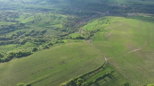 Green Meadow in the Spring, Countryside Hills from Above, Aerial View