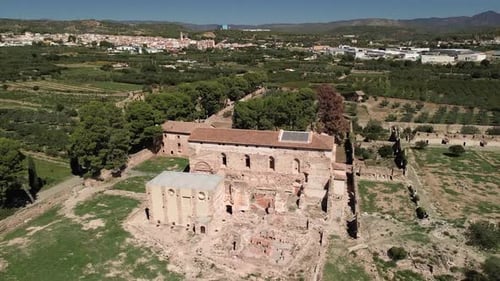 General drone shot of the surroundings of the monastery of the Cartuja Vall de Cristo with the villa