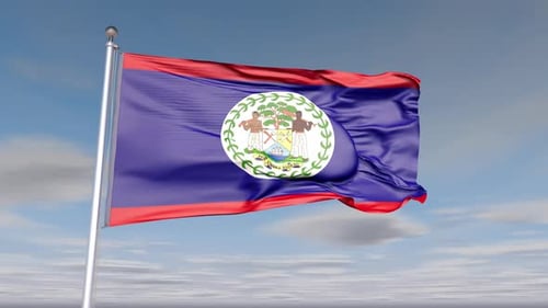 Belize National Flag Waving in Slow Motion Against Blue Sky