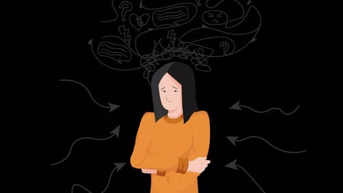 woman with mental problems, mental disorder, person with a lot of thoughts in her head on alpha