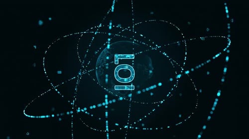Logotipo digital azul de IOT con anillo de partículas, círculo, rotación y esfera terrestre con icono de tecnología de inteligencia artificial