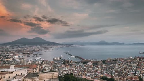 Naples Italy Top View Skyline Cityscape In Evening Lighting Tyrrhenian Sea And Landscape With