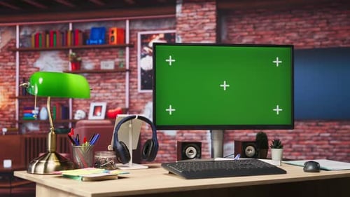 Green Screen Mockup Desktop PC Display on Cozy Home Office Desk