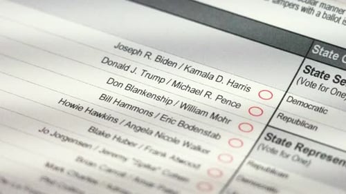 United States 2020 Blank Presidential Mail-In Election Ballot, Donald Trump and Joe Biden Red Circle