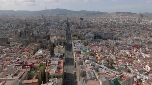 Aerial Panoramic View of Metropolis Fly Above Historic Buildings and Long Straight Street in City