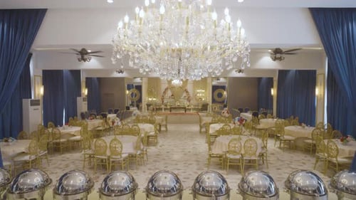 Drone view capturing beautiful decor of wedding in a luxury banquet in Pakistan.