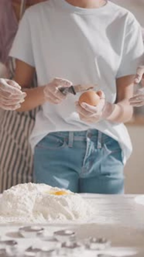 Teen Girl and Mother Cooking Tasty Cookies at Home Kitchen Woman Teaching Child Calm Sunday Morning