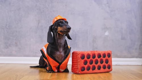 Dog Wearing Hard Hat with Toy Brick