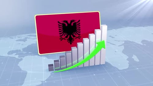 Albania Flag With Increasing Bar Chart Graph And Arrow Green