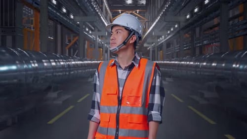 Engineer Inspecting Pipes Inside Industrial Factory