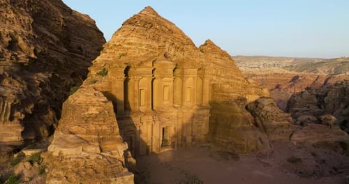 Aerial View Of Ad Deir Monastery During Sunset In Petra, Jordan.