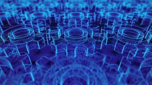 Futuristische blaue Zahnräder und Zahnräder in Bewegung mit hellem Licht