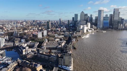 London docklands financial district viewed from Wapping over River Thames