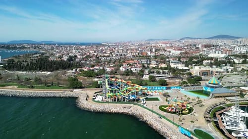 Istanbul, Turkey circa 2023: Marina Aquapark, Coastal aqua park, circling shot