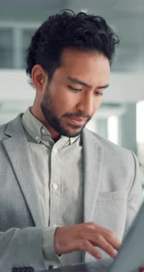 Man, lawyer and laptop for typing in office for court prep, evidence search on legal database