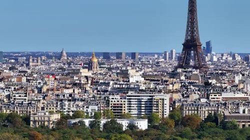 Aerial Descending Footage of Tourist Sights in Historic City Center Revealing Trees in Large Park