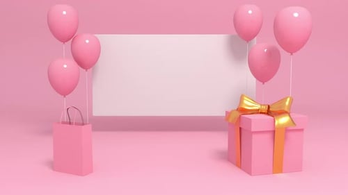 White square banner with empty space. Pink ballons appears floating, shopping bag and gift box fall.