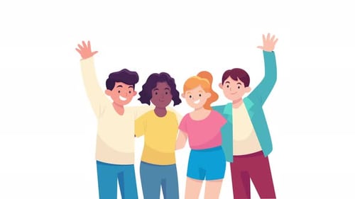 2D Flat Design Animation of Diverse Friends Waving