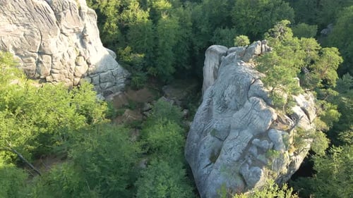 Aerial View of Bright Landscape with Green Forest Trees and Big Rocky Boulders Between Dense Woods