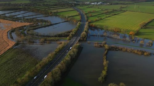 Aerial View of Flooded Farmland and Highway