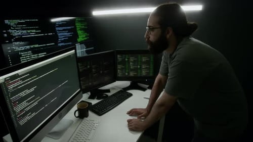 Man Intensely Studying Four Computer Monitors Displaying Lines of Code