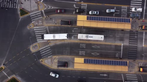 Chacarita terminal bus station, Buenos Aires. Aerial top-down rising