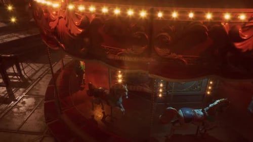 Empty Amusement Park at Night with Illuminated Carousel and Quiet Surroundings