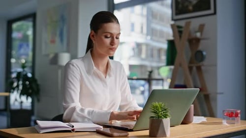 Focused Professional Working Computer at Office Closeup Serious Businesswoman