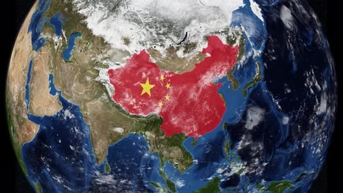 China map with China flag, zooming in into the space through a photo real globe