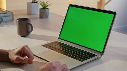 Hand Pressing Keyboard Mockup Laptop at Remote Office Closeup Unknown Man