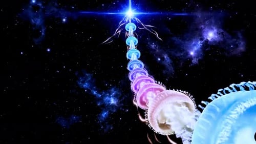 Vibrant jellyfish ascending to celestial star in deep space
