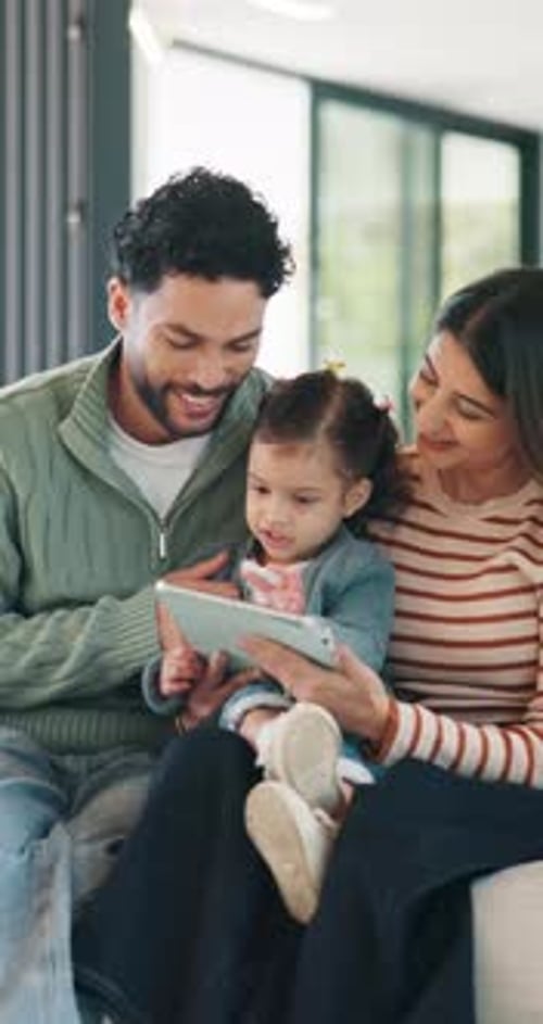 Happy family, bonding and girl with tablet for online games, love and entertainment in home