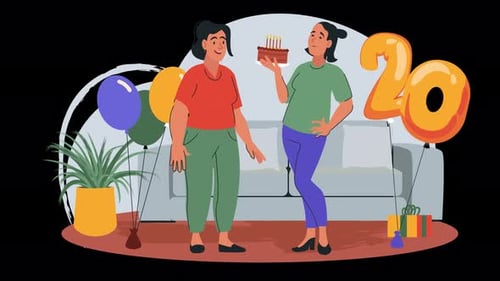 Flat Design Animated Women Celebrating Birthday with Cake