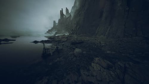 Ruined Cliffs By a Misty Coastal Area at Dawn with a Mysterious Atmosphere