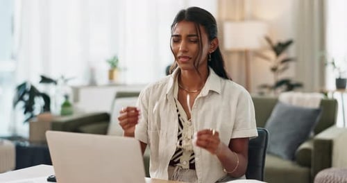 Woman, headache and work from home stress on laptop for marketing mistake