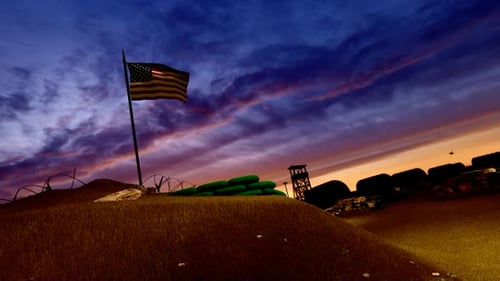 Military Base with US Flag, Jet, and Tank at Sunset
