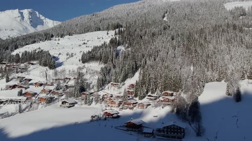 Aerial View Of Holiday Homes, Pine Tree Forest And Mountains In Winter In Langau, Austria.