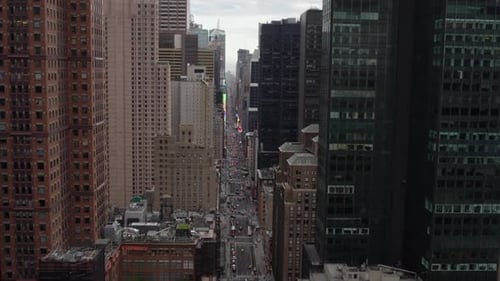 Aerial view over 7th avenue, towards the Times square, in cloudy New York city, USA