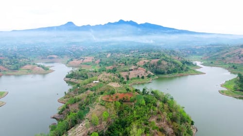 Drone view of beautiful natural lake landscape with mountain