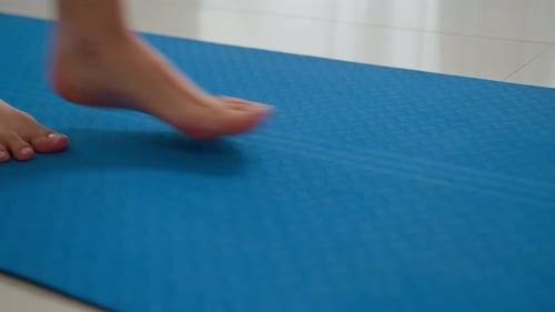 Close Up Female Legs Feet Barefoot on Yoga Mat Gymnastics Class Gym Unknown Woman Girl Sportswoman