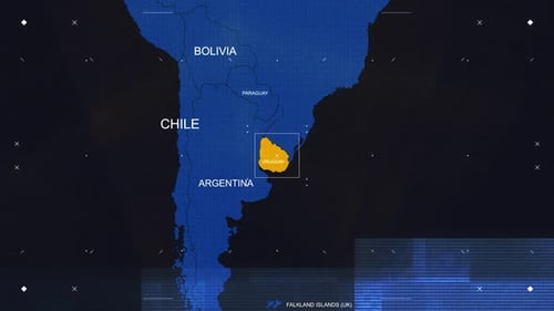 Futuristic Digital World Map Zooming to Uruguay with Glitch