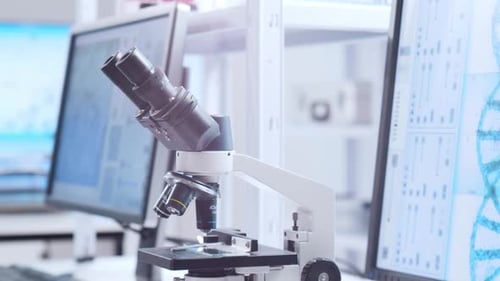Microscope in Bright Lab with DNA Visuals