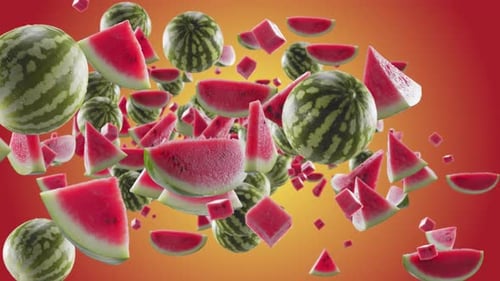 Flying Watermelon Pieces and Whole Fruits Animation