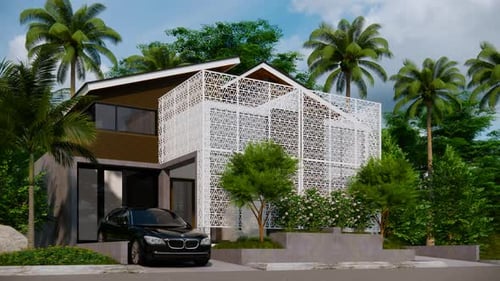 Modern House Exterior Render with Geometric Screen Design