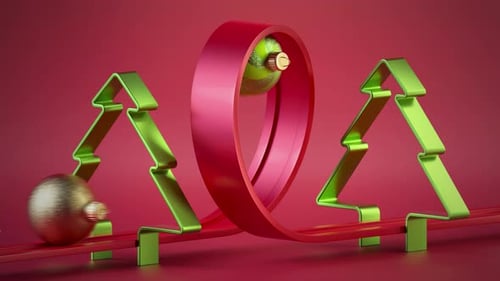 3d Christmas endless animation. Assorted glass balls roll on the looped road over red background.