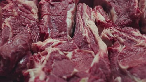 Fresh Raw Meat in a Counter of Market Close Up View Butcher Shop Pieces of Freshly Cut Beef Meat on