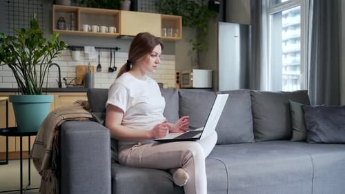 young pregnant business woman works remotely make a meeting, conference, briefing or interview onlin