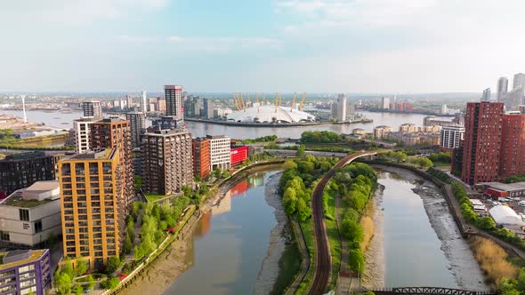 Aerial view of The O2 Arena and city skyline, United Kingdom., Overhead ...